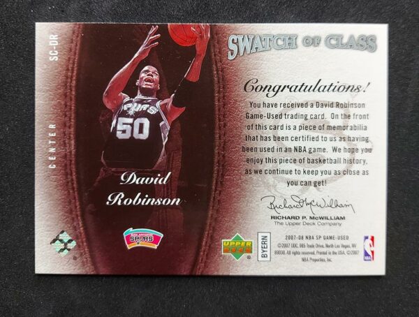 2007-08 NBA SP Game Used Swatch of Class David Robinson