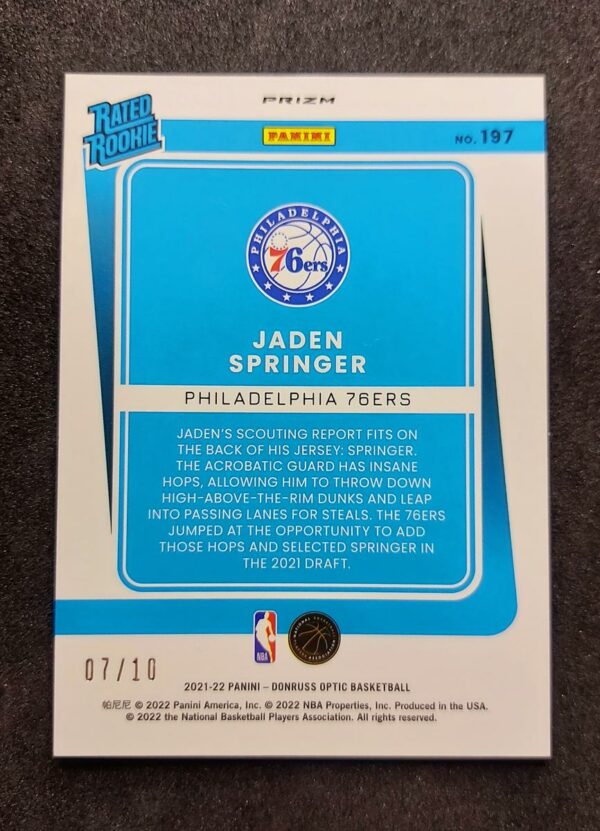 2021-22 Panini Optic Jaden Springer Fast Break Gold RC 07/10 #197