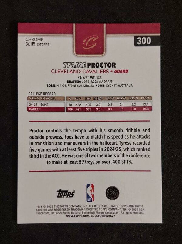2025-26 Topps Chrome Tyrese Proctor #300 71/75 RC
