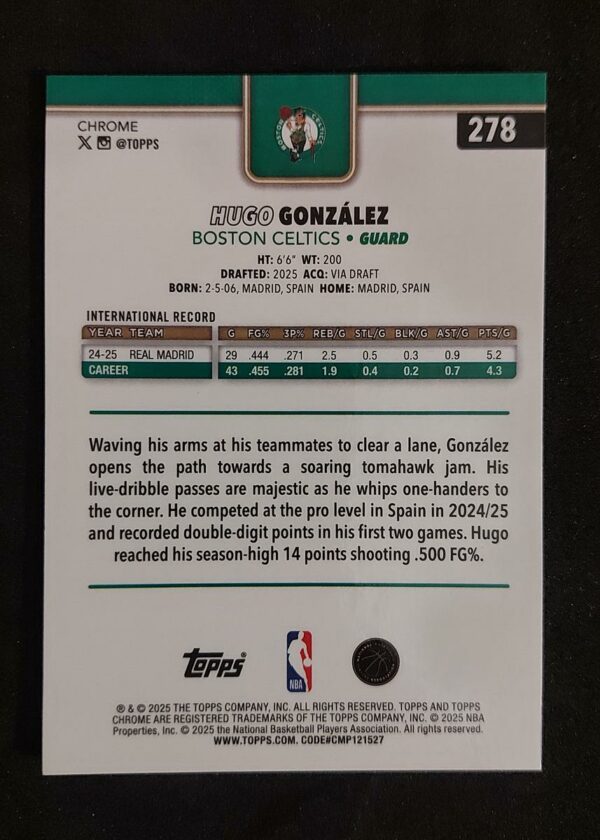 2025-26 Topps Chrome Hugo Gonzales #278 238/275 RC