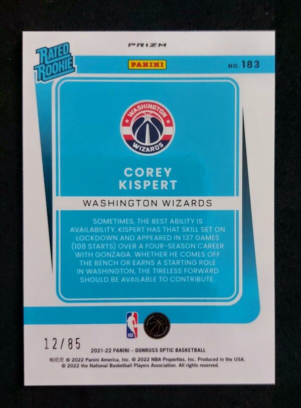 2021-22 Panini Optic Corey Kispert #183 12/85 RC