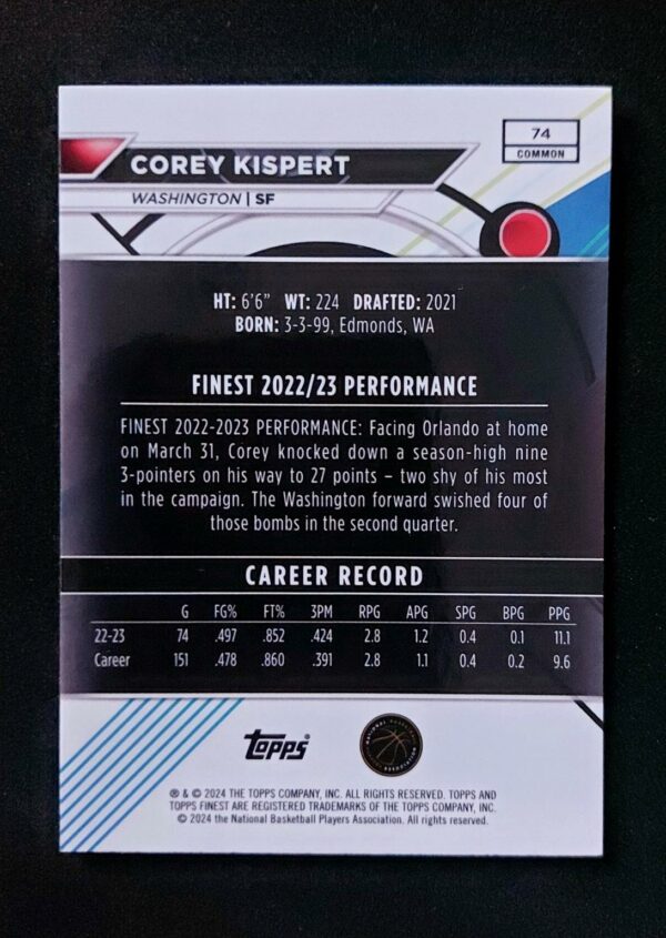 2023-24 Topps Finest Corey Kispert #74 29/50