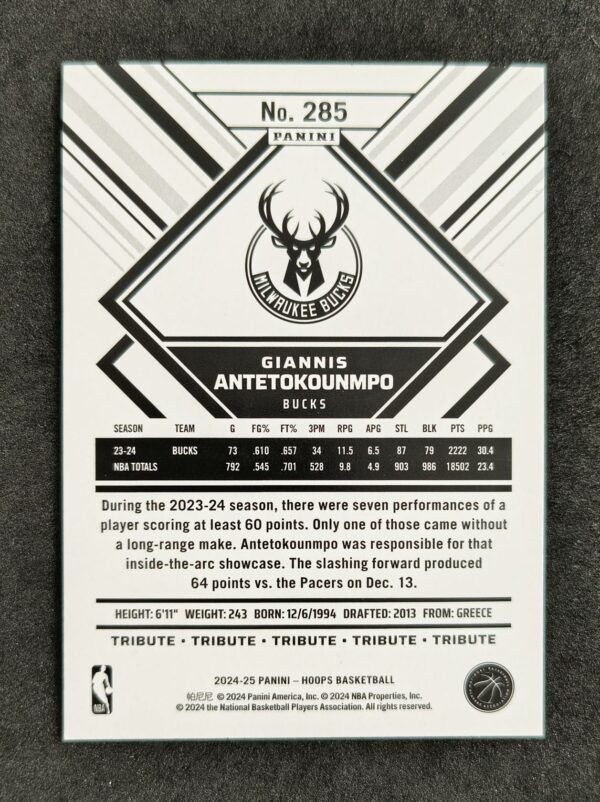 2024-25 Panini Hoops Tribute Giannis Antetokounmpo #285