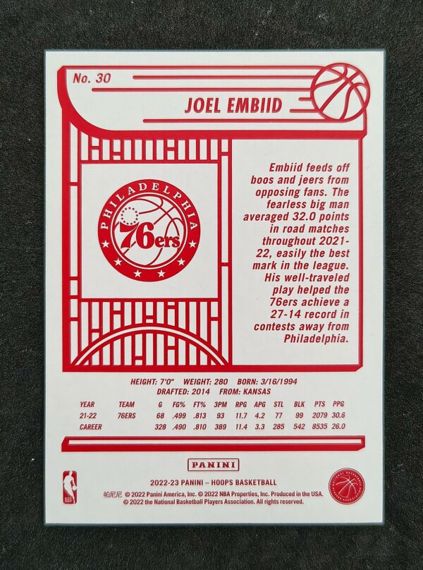 2022-23 Panini Hoops Joel Embiid #30 Red Back