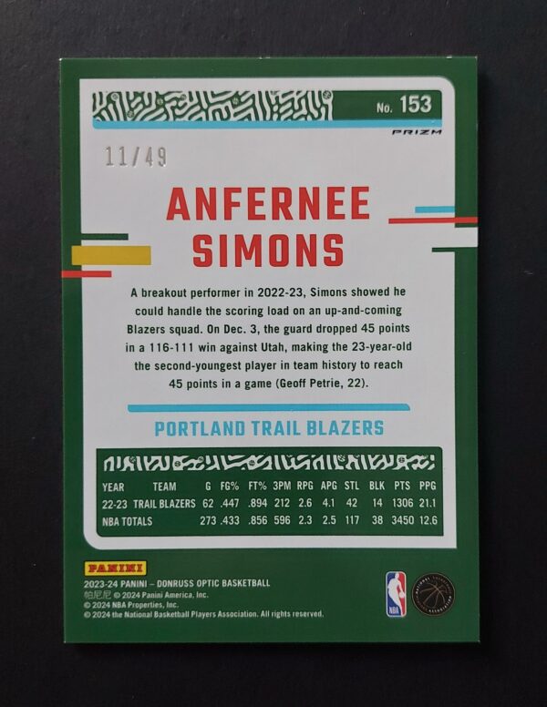 2023-24 Panini Optic Anfernee Simons #153 11/49