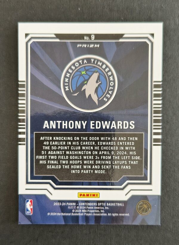 2023-24 Panini Contenders Optic Playing the Numbers Game Anthony Edwards #9 Silver Prizm
