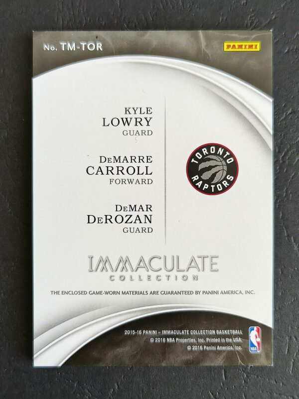 2015-16 Panini Immaculate Kyle Lowry Demarre Carroll Demar Derozan 37/49 Triple Jersey