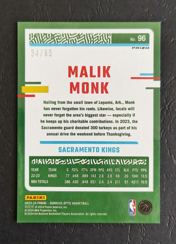 2023-24 Panini Optic Malik Monk #96 34/65 Green Scope