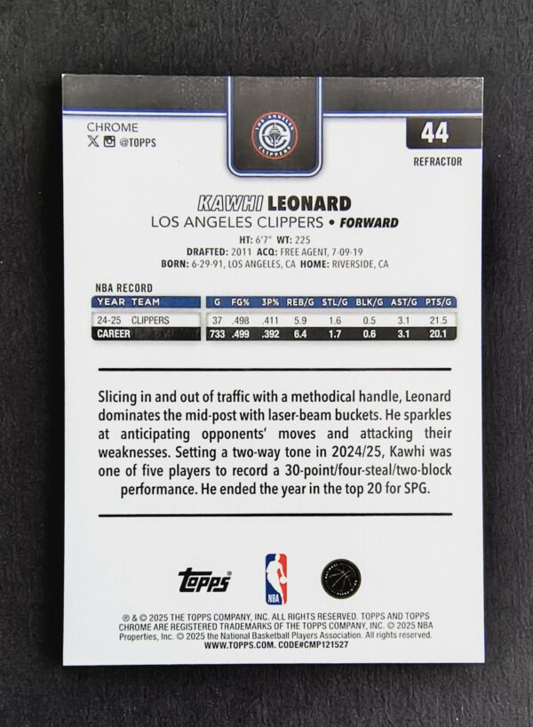 2025-26 Topps Chrome Kawhi Leonard #44 Silver Refractor