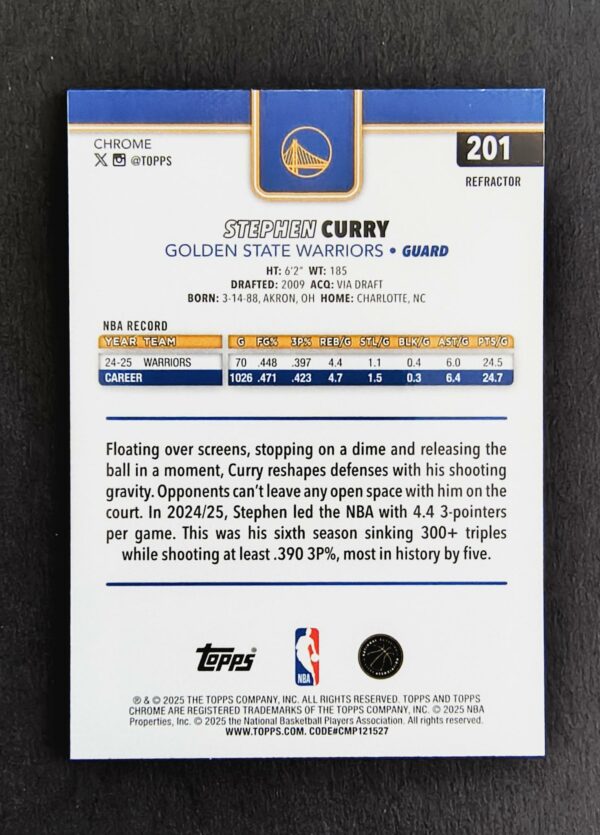 2025-26 Topps Chrome Stephen Curry #201 Silver Refractor
