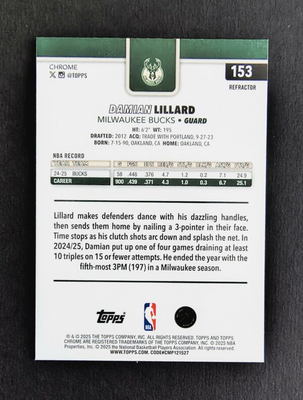 2025-26 Topps Chrome Damian Lillard #153 Silver Refractor