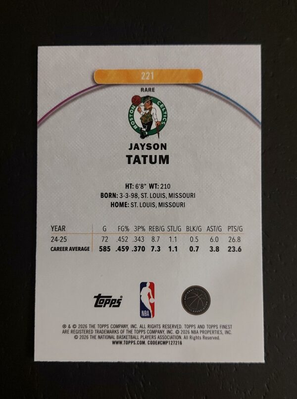 2025-26 Topps Finest Jayson Tatum #221 Rare 92/99