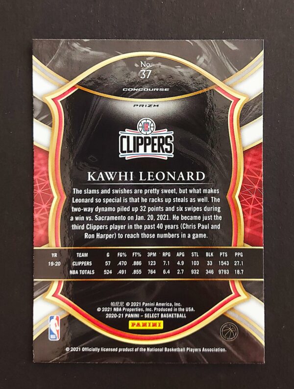 2020-21 Panini Select Kawhi Leonard #37 Concourse Red White Orange