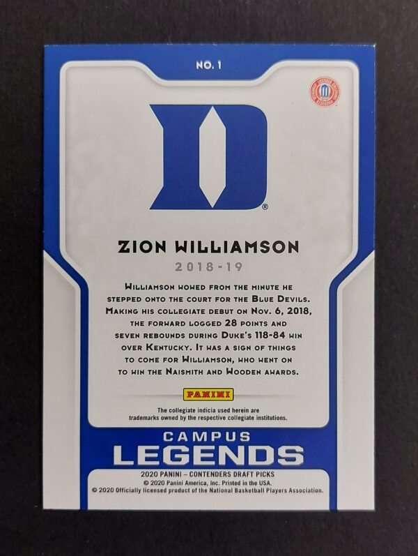 2020-21 Panini Contenders Draft Picks Campus Legends Zion Williamson #1