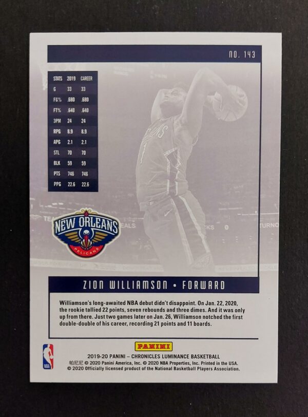 2019-20 Panini Chronicles Luminance Zion Williamson #143 RC