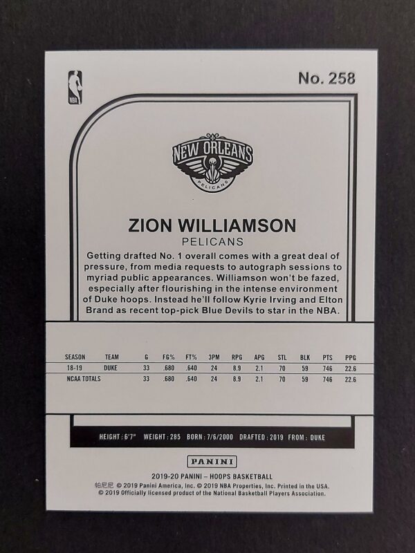 2019-20 Panini Hoops Zion Williamson #258 RC