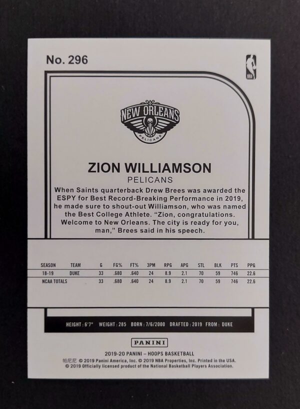 2019-20 Panini Hoops Tribute Zion Williamson #296 RC