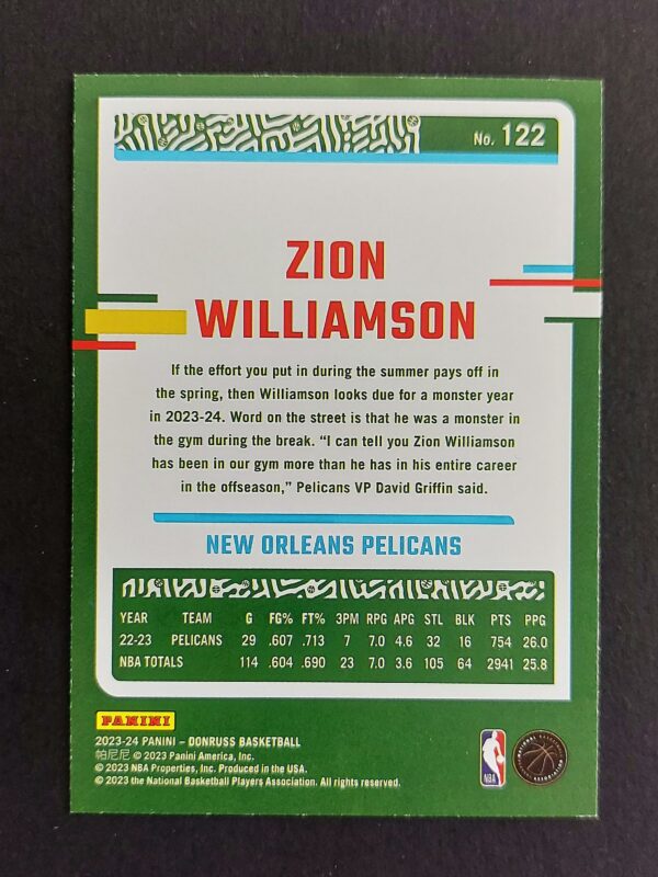 2023-24 Panini Donruss Zion Williamson #122 Green Laser