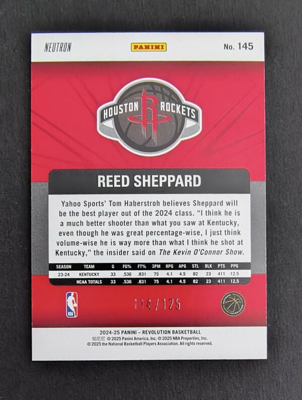 2024-25 Panini Revolution Reed Sheppard #145 RC 114/125 Neutron