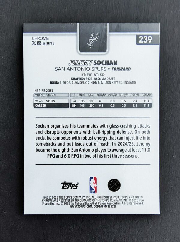 2025-26 Topps Chrome Jeremy Sochan #239