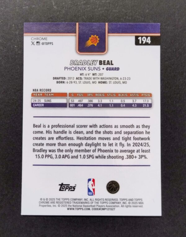 2025-26 Topps Chrome Bradley Beal #194 Basketball Refractor