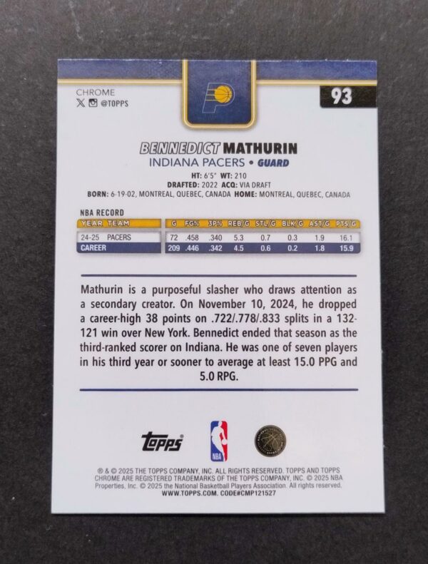 2025-26 Topps Chrome Benedict Mathurin #93 Basketball Refractor