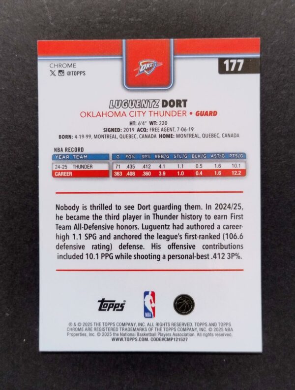 2025-26 Topps Chrome Luguentz Dort #177 Basketball Refractor