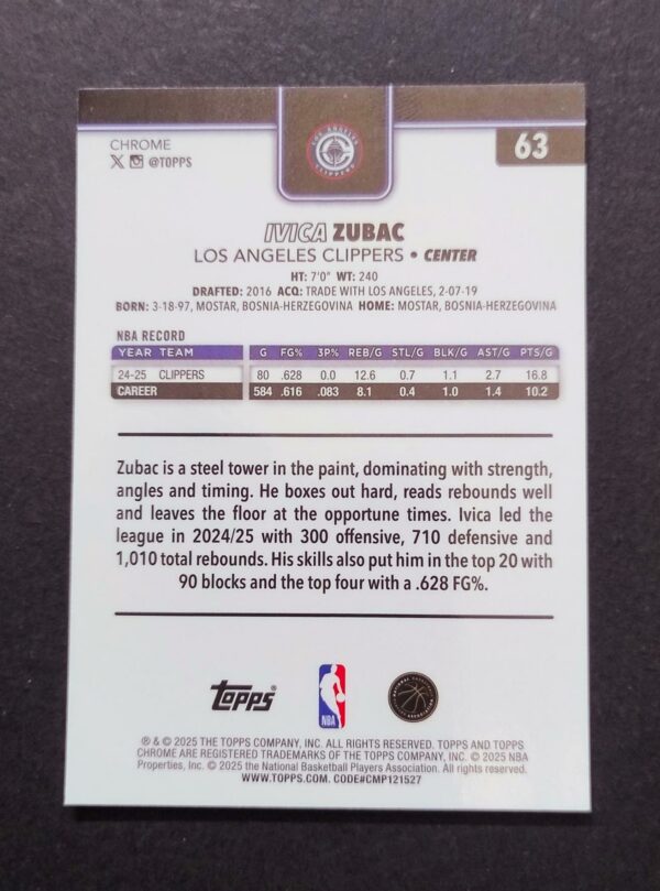 2025-26 Topps Chrome Ivica Zubac #63 Red White Blue