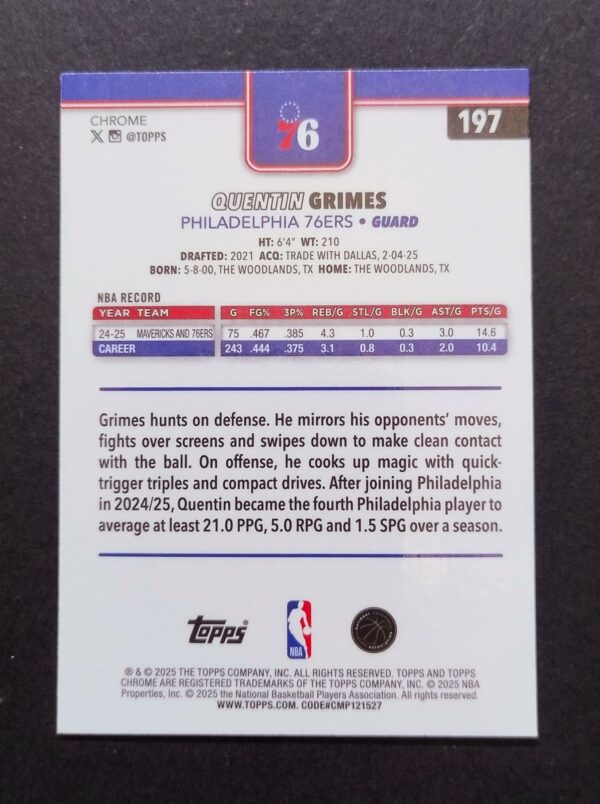 2025-26 Topps Chrome Quentin Grimes #197 Red White Blue