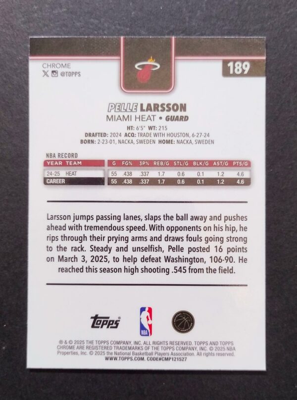 2025-26 Topps Chrome Pelle Larsson #189 Red White Blue