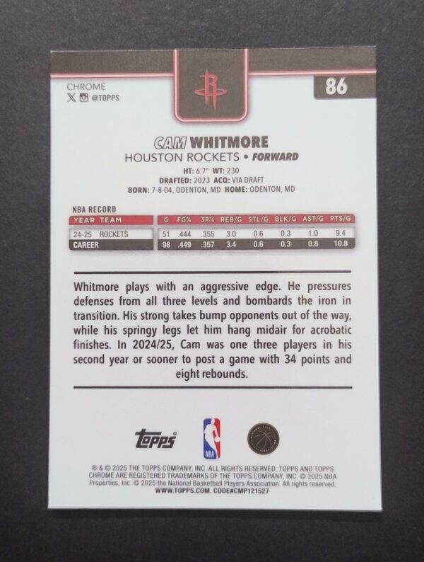 2025-26 Topps Chrome Cam Whitmore #86 Red White Blue