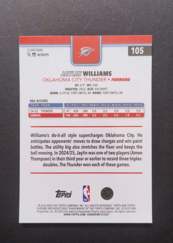 2025-26 Topps Chrome Jaylin Williams #105 Red White Blue