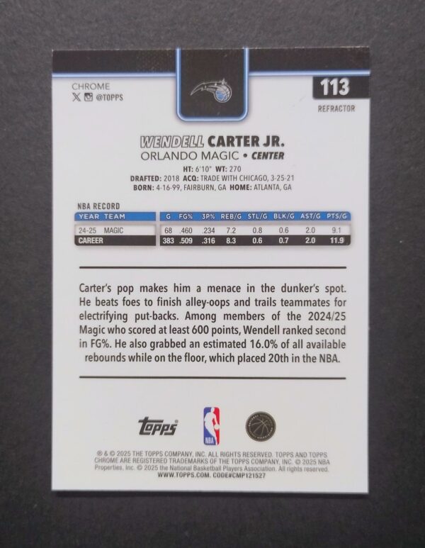 2025-26 Topps Chrome Wendell Carter Jr #113 Silver Refractor