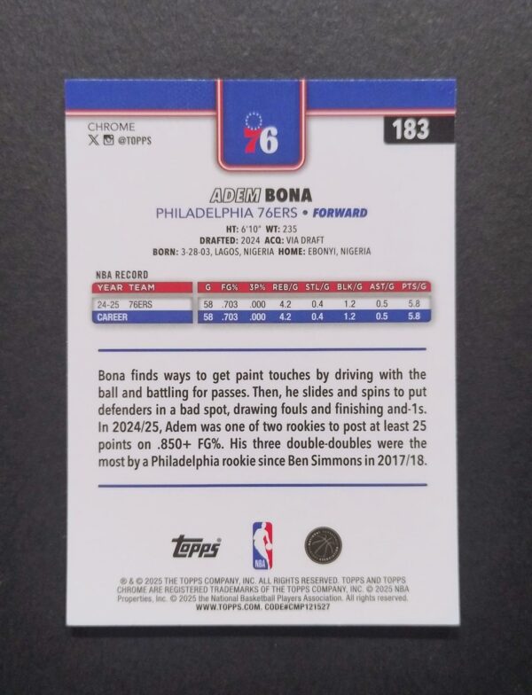 2025-26 Topps Chrome Adem Bona #183 Silver Refractor