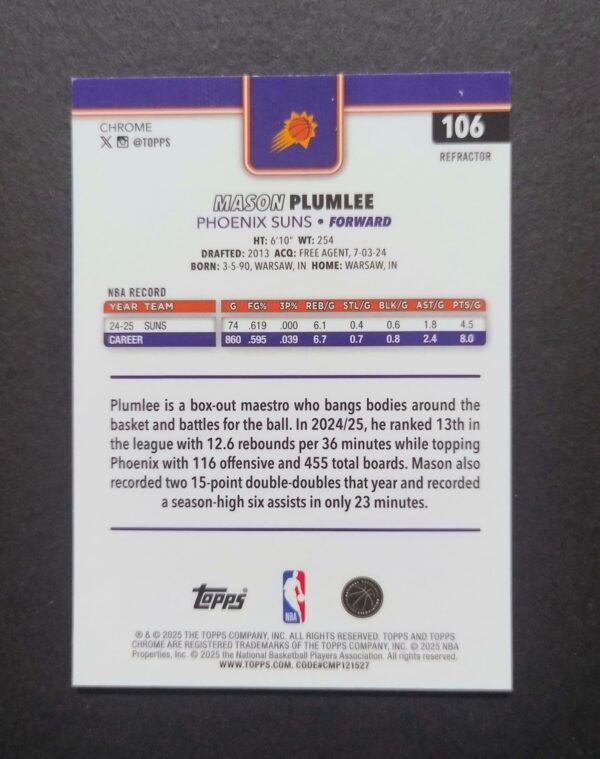 2025-26 Topps Chrome Mason Plumlee #106 RC Silver Refractor