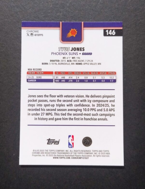 2025-26 Topps Chrome Tyus Jones #146 RC Silver Refractor