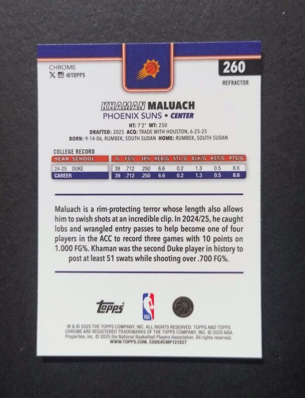 2025-26 Topps Chrome Khaman Maluach #260 Silver Refractor