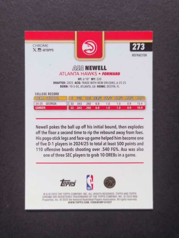2025-26 Topps Chrome Asa Newell #273 Silver Refractor