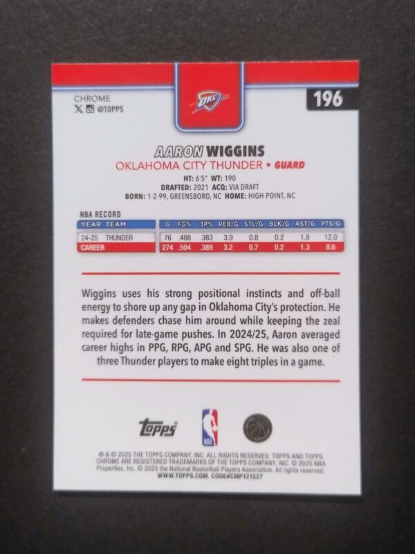 2025-26 Topps Chrome Aaron Wiggins #196 Silver Refractor