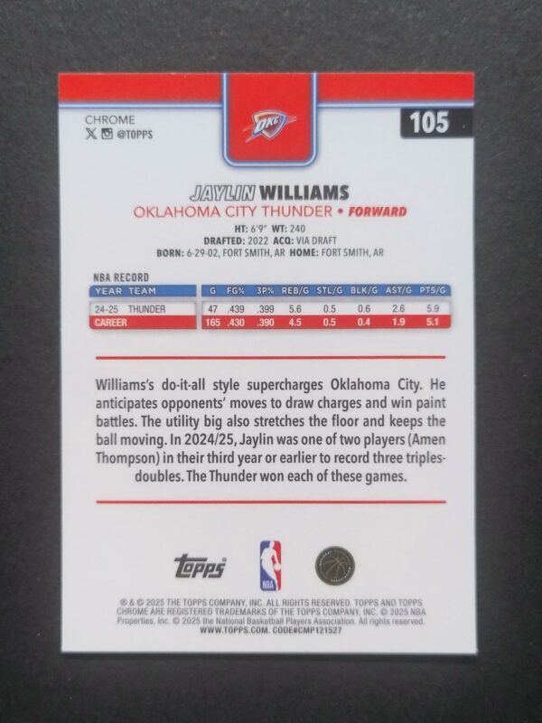 2025-26 Topps Chrome Jaylin Williams #105 Silver Refractor