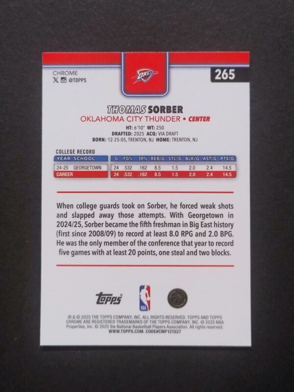 2025-26 Topps Chrome Thomas Sorber #265 RC Silver Refractor