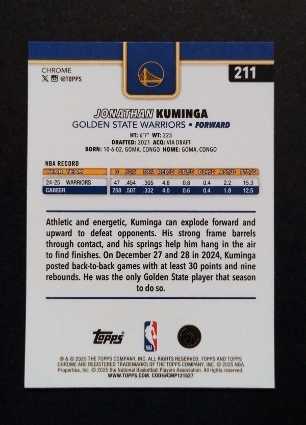 2025-26 Topps Chrome Jonathan Kuminga #211 Ray Wave Refractor