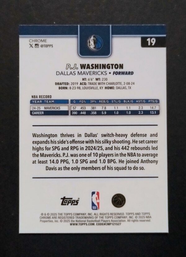 2025-26 Topps Chrome PJ Washington #19 Ray Wave Refractor