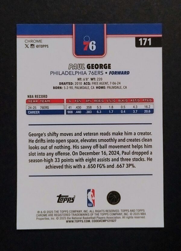 2025-26 Topps Chrome Paul George #171 Ray Wave Refractor