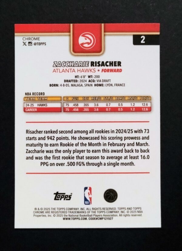 2025-26 Topps Chrome Zaccharie Risacher #2 Ray Wave Refractor