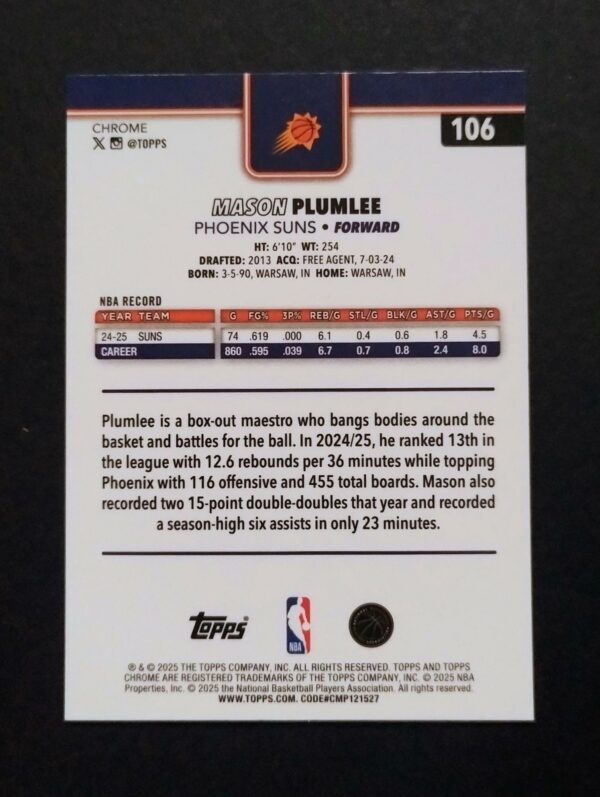 2025-26 Topps Chrome Mason Plumlee #106 Ray Wave Refractor