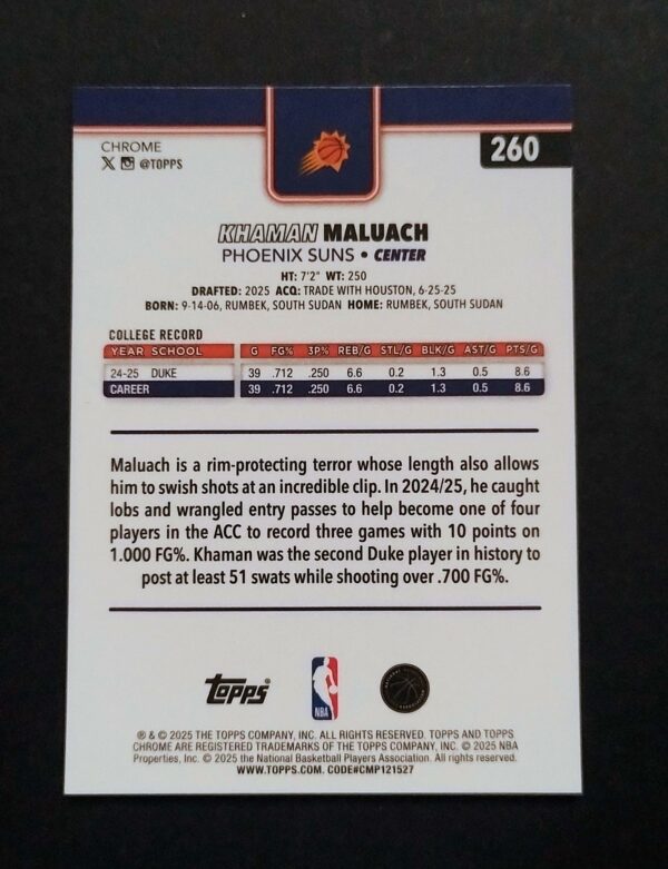 2025-26 Topps Chrome Khaman Maluach #260 Ray Wave Refractor