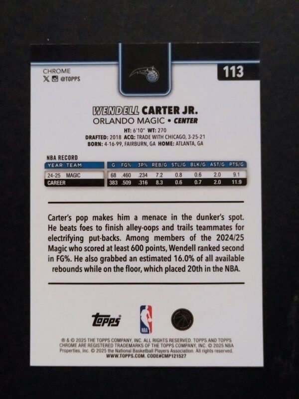 2025-26 Topps Chrome Wendell Carter Jr #113 Ray Wave Refractor