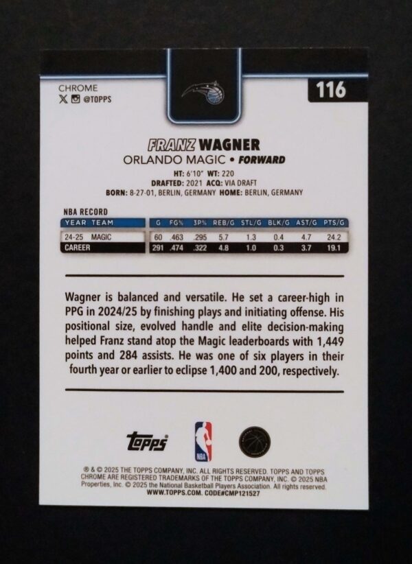 2025-26 Topps Chrome Franz Wagner #116 Ray Wave Refractor