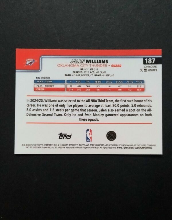 2025-26 Topps Chrome Jalen Williams #187 Pulsar Refractor